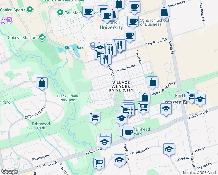 map of restaurants, bars, coffee shops, grocery stores, and more near 375 Cook Road in Toronto