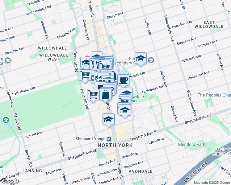 map of restaurants, bars, coffee shops, grocery stores, and more near 9 Elmwood Avenue in Toronto