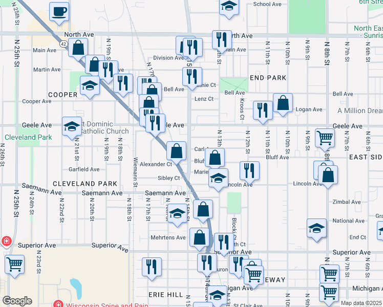 map of restaurants, bars, coffee shops, grocery stores, and more near in Sheboygan