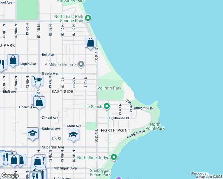 map of restaurants, bars, coffee shops, grocery stores, and more near 2001 North 3rd Street in Sheboygan
