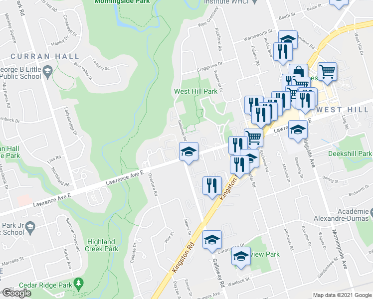 map of restaurants, bars, coffee shops, grocery stores, and more near 207-233 Galloway Road in Toronto