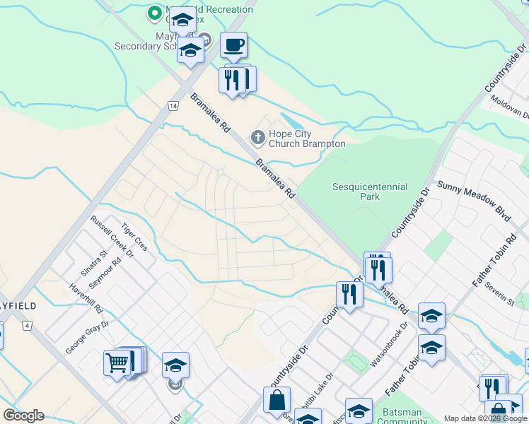 map of restaurants, bars, coffee shops, grocery stores, and more near 11532 Bramalea Road in Brampton