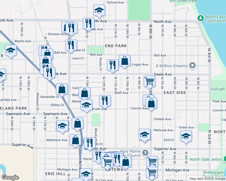 map of restaurants, bars, coffee shops, grocery stores, and more near 2014 North 11th Street in Sheboygan