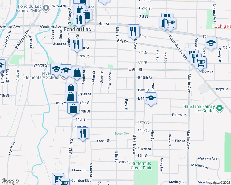 map of restaurants, bars, coffee shops, grocery stores, and more near 154 Boyd Street in Fond du Lac