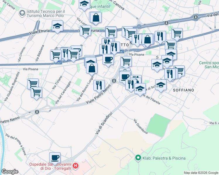 map of restaurants, bars, coffee shops, grocery stores, and more near 68 Via del Ronco Corto in Florence