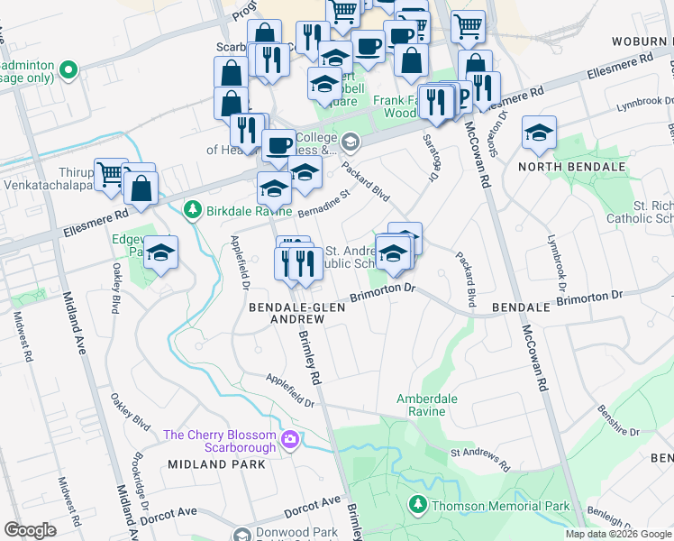 map of restaurants, bars, coffee shops, grocery stores, and more near in Toronto