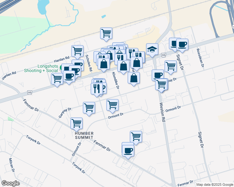 map of restaurants, bars, coffee shops, grocery stores, and more near 500 Garyray Drive in Toronto