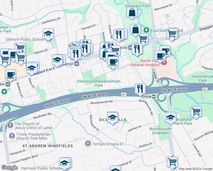 map of restaurants, bars, coffee shops, grocery stores, and more near in Toronto