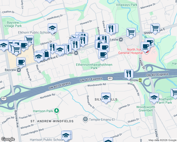 map of restaurants, bars, coffee shops, grocery stores, and more near 33 McMahon Drive in Toronto