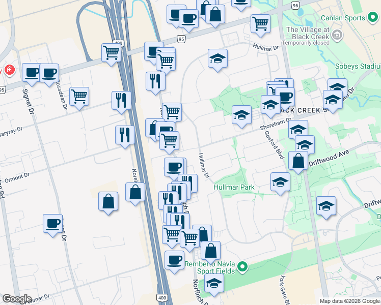 map of restaurants, bars, coffee shops, grocery stores, and more near 167 Shoreham Drive in Toronto