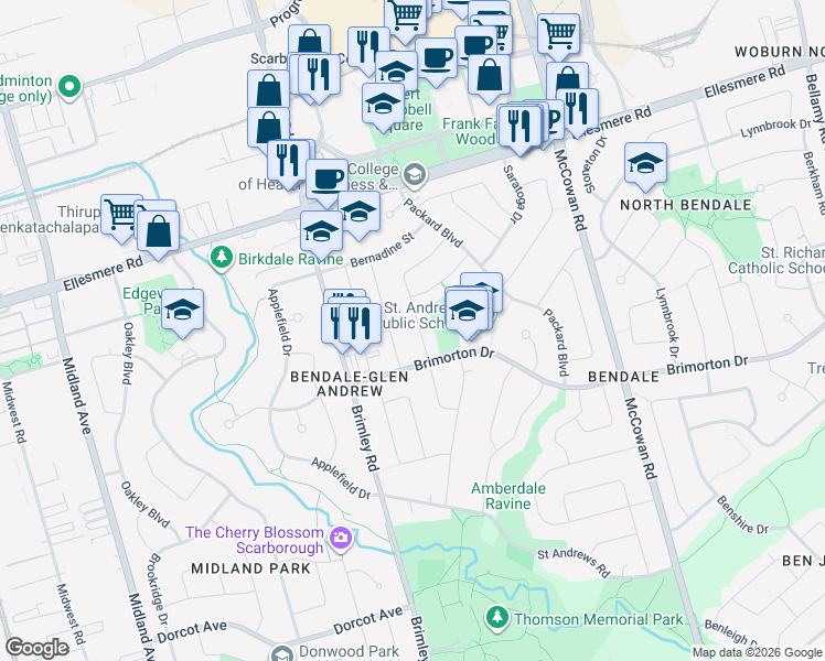 map of restaurants, bars, coffee shops, grocery stores, and more near 12 Hathway Drive in Toronto