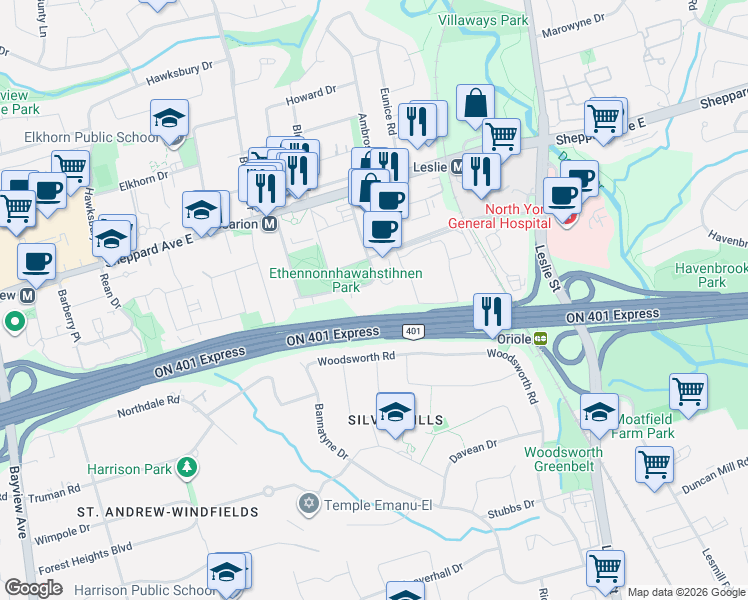 map of restaurants, bars, coffee shops, grocery stores, and more near in Toronto