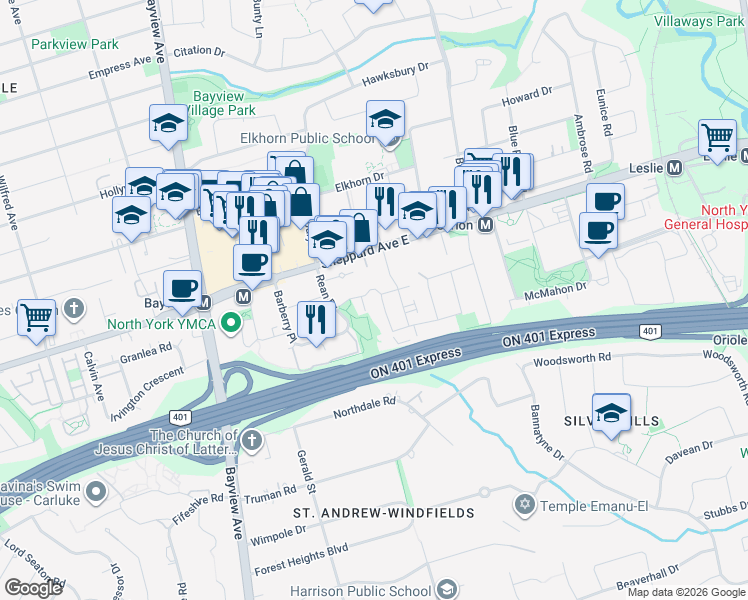 map of restaurants, bars, coffee shops, grocery stores, and more near 11 Dervock Crescent in Toronto