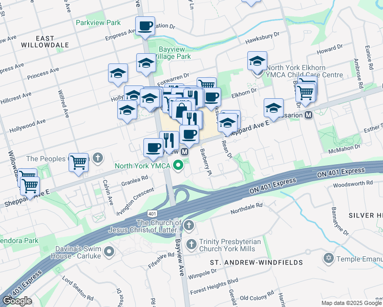 map of restaurants, bars, coffee shops, grocery stores, and more near 7 Kenaston Gardens in Toronto
