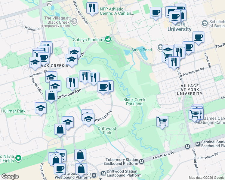 map of restaurants, bars, coffee shops, grocery stores, and more near 335 Driftwood Avenue in Toronto