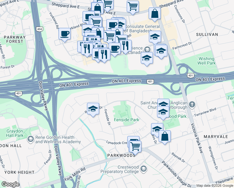 map of restaurants, bars, coffee shops, grocery stores, and more near 73 Fortrose Crescent in Toronto