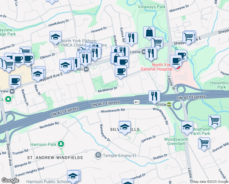map of restaurants, bars, coffee shops, grocery stores, and more near McMahon Drive in Toronto