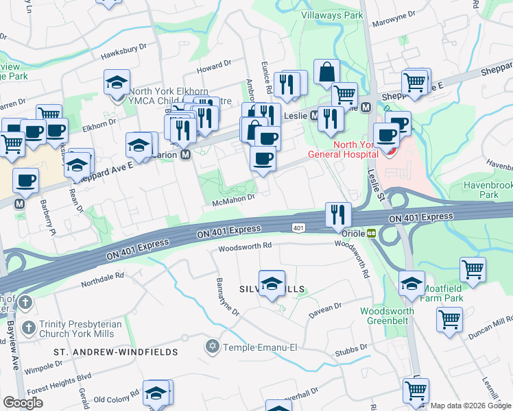 map of restaurants, bars, coffee shops, grocery stores, and more near 113 McMahon Drive in Toronto