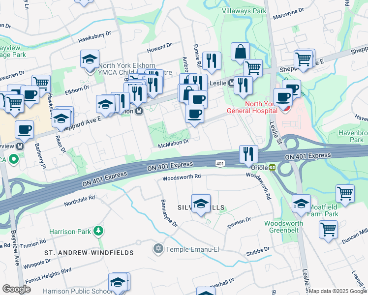 map of restaurants, bars, coffee shops, grocery stores, and more near 95 McMahon Drive in Toronto