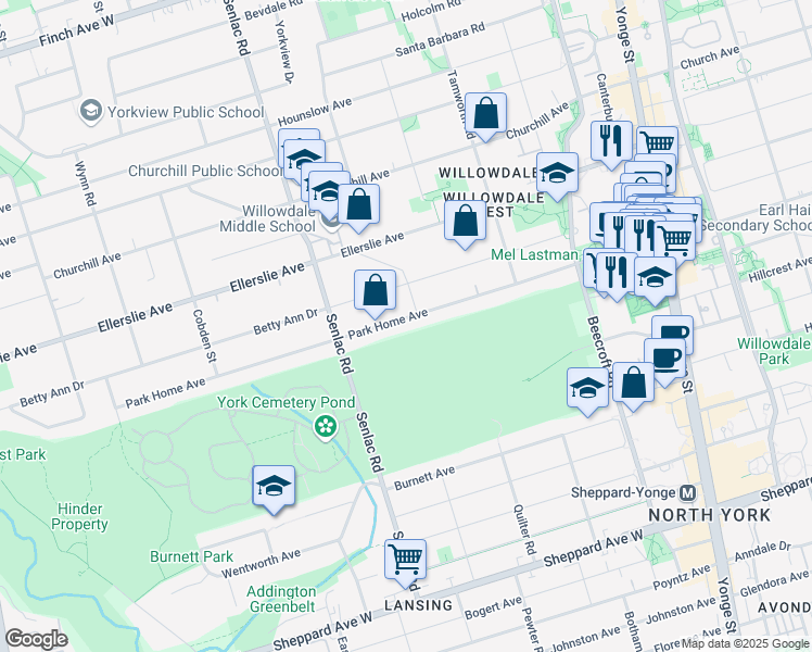 map of restaurants, bars, coffee shops, grocery stores, and more near 141 Park Home Avenue in Toronto