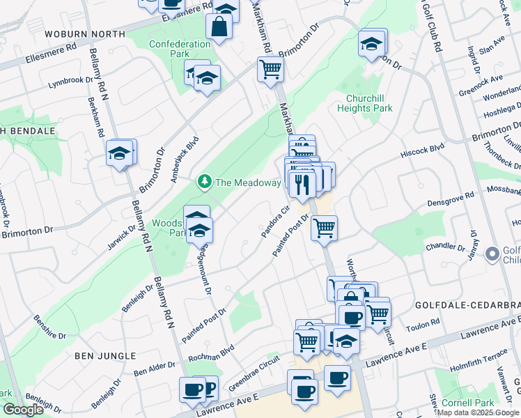 map of restaurants, bars, coffee shops, grocery stores, and more near in Toronto