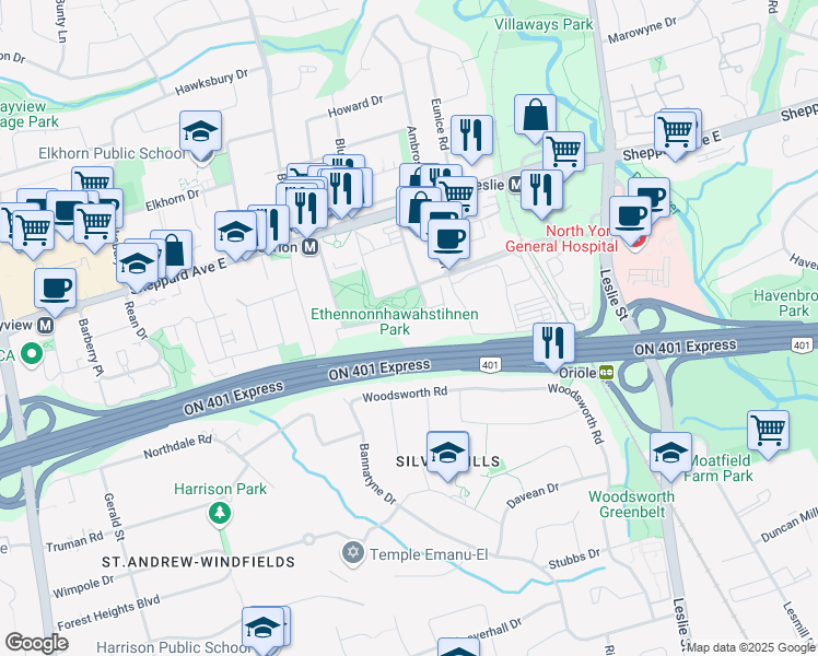 map of restaurants, bars, coffee shops, grocery stores, and more near in North York