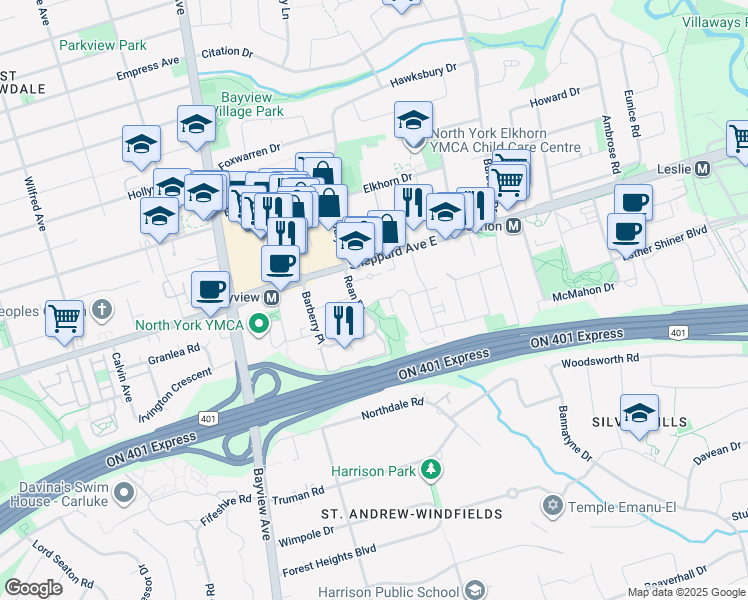 map of restaurants, bars, coffee shops, grocery stores, and more near in Toronto