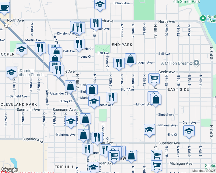 map of restaurants, bars, coffee shops, grocery stores, and more near 2024 North 12th Street in Sheboygan