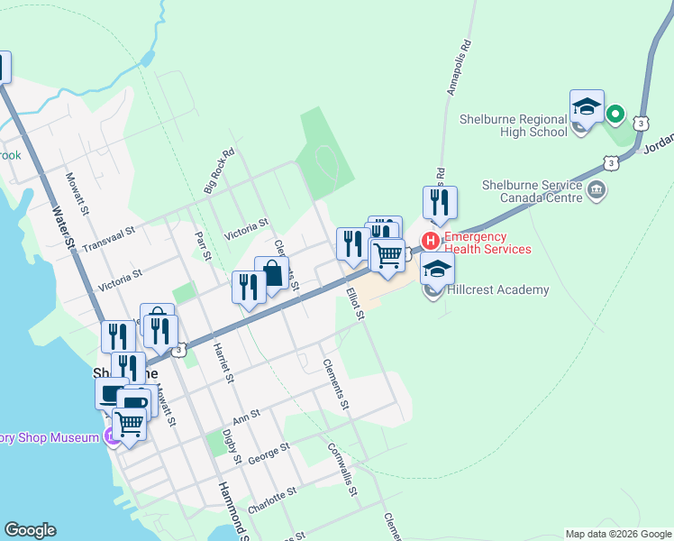 map of restaurants, bars, coffee shops, grocery stores, and more near in Shelburne