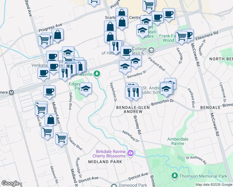 map of restaurants, bars, coffee shops, grocery stores, and more near 18 Verlaine Place in Toronto
