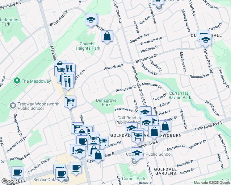 map of restaurants, bars, coffee shops, grocery stores, and more near 43 Densgrove Road in Toronto