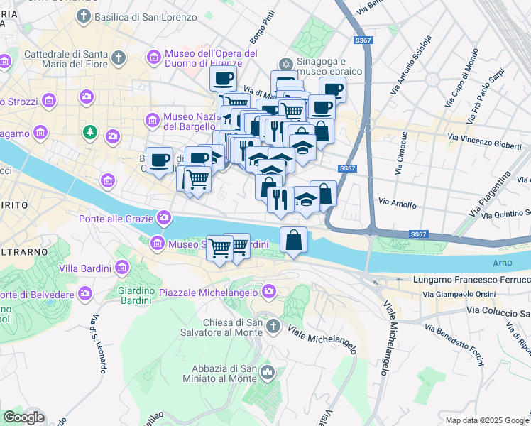 map of restaurants, bars, coffee shops, grocery stores, and more near 6 Via delle Casine in Florence