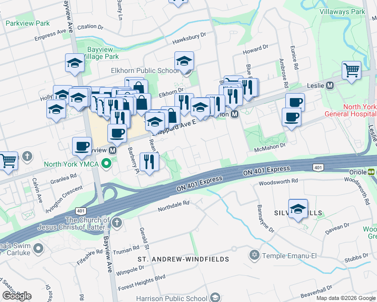 map of restaurants, bars, coffee shops, grocery stores, and more near 18 Greenbriar Road in Toronto