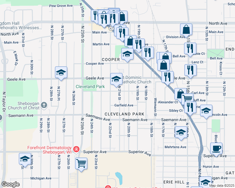 map of restaurants, bars, coffee shops, grocery stores, and more near 2016 North 21st Street in Sheboygan