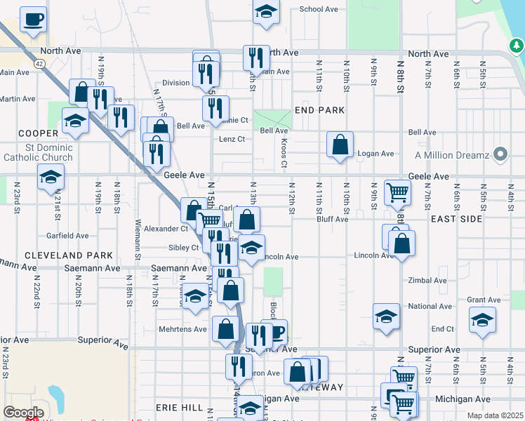map of restaurants, bars, coffee shops, grocery stores, and more near 1245 Trimberger Court in Sheboygan