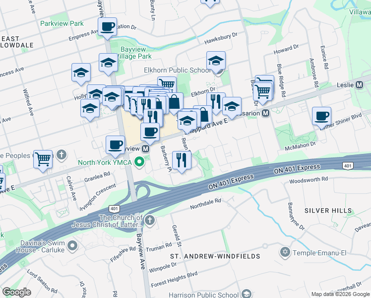 map of restaurants, bars, coffee shops, grocery stores, and more near 18 Rean Drive in Toronto
