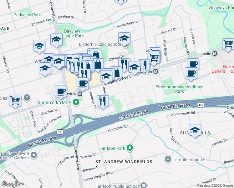 map of restaurants, bars, coffee shops, grocery stores, and more near 25 Dervock Crescent in Toronto