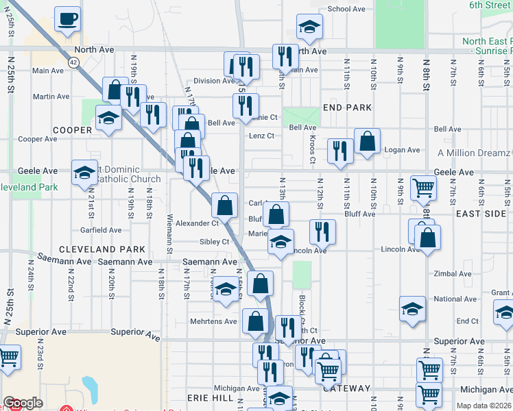 map of restaurants, bars, coffee shops, grocery stores, and more near 1413 Carl Avenue in Sheboygan