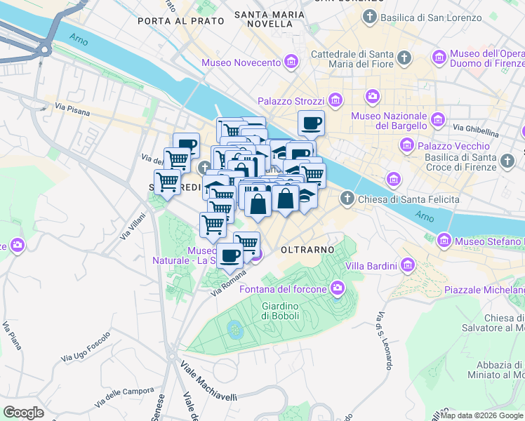 map of restaurants, bars, coffee shops, grocery stores, and more near 22 Piazza Santo Spirito in Firenze