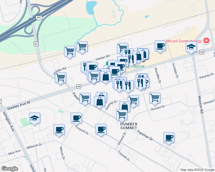 map of restaurants, bars, coffee shops, grocery stores, and more near 5511 Steeles Avenue West in Toronto