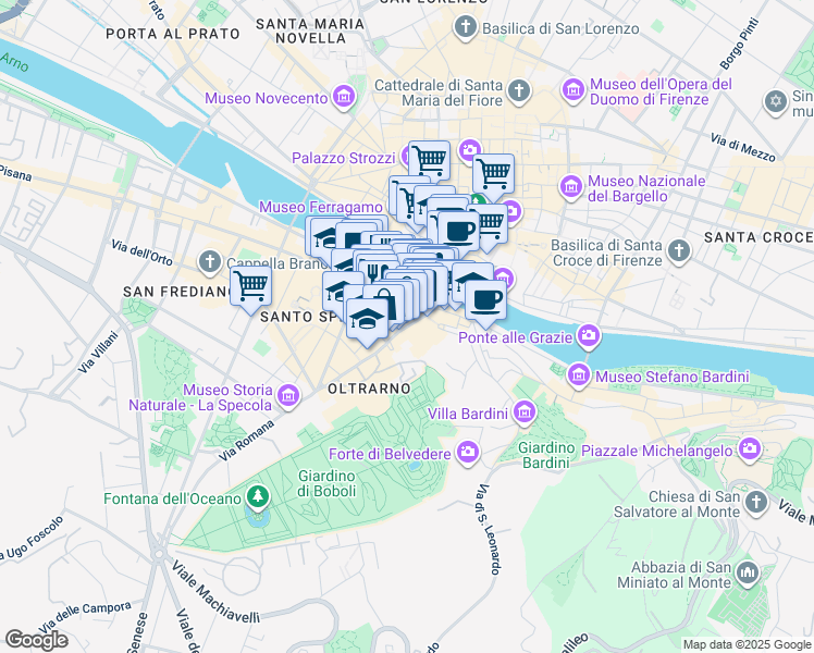 map of restaurants, bars, coffee shops, grocery stores, and more near 43R Via Guicciardini in Firenze