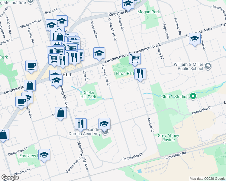 map of restaurants, bars, coffee shops, grocery stores, and more near 113 Homestead Road in Toronto
