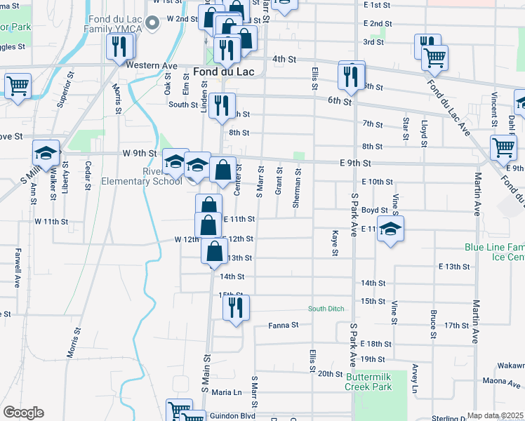 map of restaurants, bars, coffee shops, grocery stores, and more near 433 South Marr Street in Fond du Lac