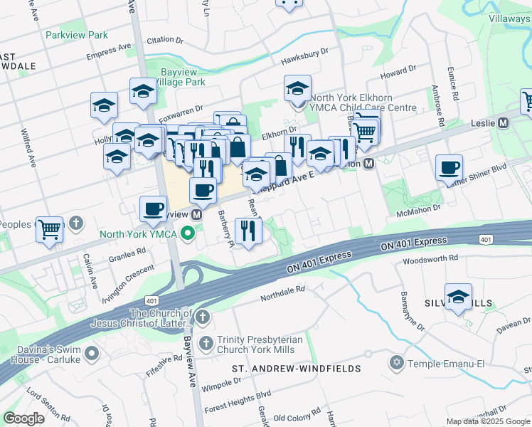 map of restaurants, bars, coffee shops, grocery stores, and more near in Toronto