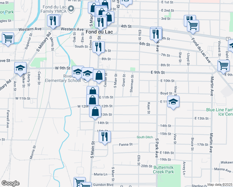 map of restaurants, bars, coffee shops, grocery stores, and more near 433 South Marr Street in Fond du Lac