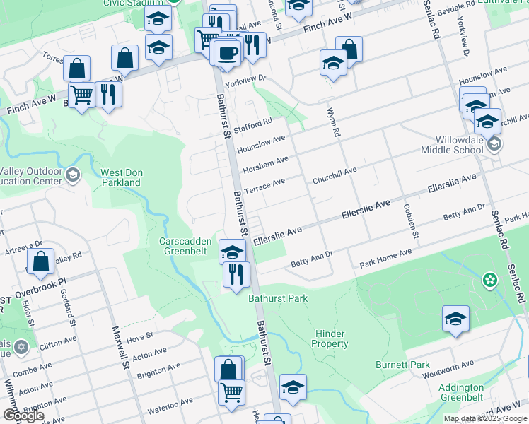 map of restaurants, bars, coffee shops, grocery stores, and more near 39 Farrell Avenue in Toronto