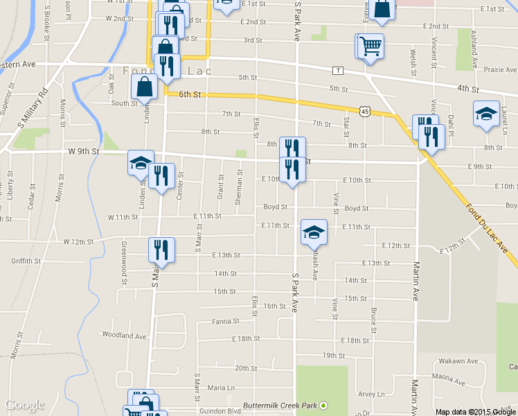 map of restaurants, bars, coffee shops, grocery stores, and more near 154 Boyd Street in Fond du Lac