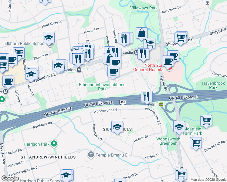map of restaurants, bars, coffee shops, grocery stores, and more near 115 McMahon Drive in Toronto