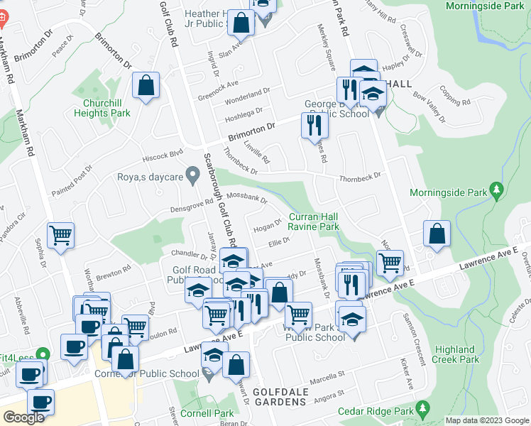 map of restaurants, bars, coffee shops, grocery stores, and more near 119 Golfhaven Drive in Toronto