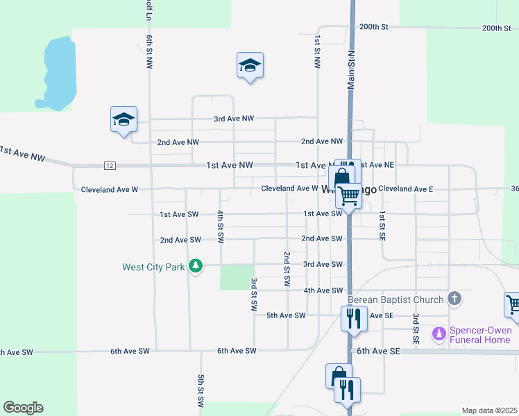 map of restaurants, bars, coffee shops, grocery stores, and more near 251 1st Avenue Southwest in Winnebago